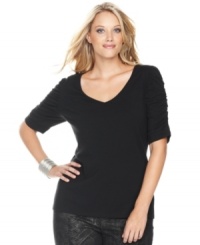 INC's plus size basic tee comes in a flattering jersey fabric with ruffled sleeves for extra oompth! INC's plus size basic tee comes in a flattering jersey fabric with ruffled sleeves for extra oompth!