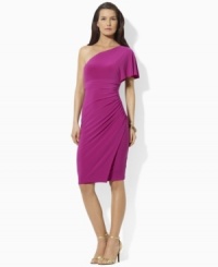 A flirty flutter sleeve imparts feminine charm to a sophisticated one-shoulder silhouette from Lauren by Ralph Lauren, crafted in fluid matte jersey with soft ruching for a flattering fit. A flirty flutter sleeve imparts feminine charm to a sophisticated one-shoulder silhouette from Lauren by Ralph Lauren, crafted in fluid matte jersey with soft ruching for a flattering fit.