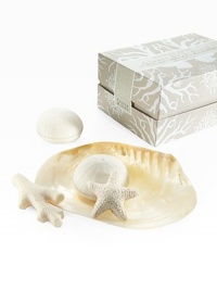 Four soaps sit neatly on a gorgeous opalescent shell dish. Scented with White Honeysuckle and Baby Jasmine. Makes a fabulous hostess gift or summer home accessory.