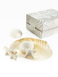 Four soaps sit neatly on a gorgeous opalescent shell dish. Scented with White Honeysuckle and Baby Jasmine. Makes a fabulous hostess gift or summer home accessory. Four soaps sit neatly on a gorgeous opalescent shell dish. Scented with White Honeysuckle and Baby Jasmine. Makes a fabulous hostess gift or summer home accessory.