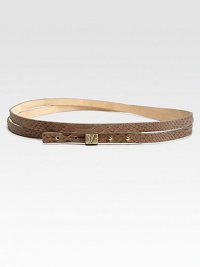 A thin, double wrapped leather design in luxurious embossed python accented with a metal, logo embossed belt keeper. Width, about ½Imported A thin, double wrapped leather design in luxurious embossed python accented with a metal, logo embossed belt keeper. Width, about ½Imported