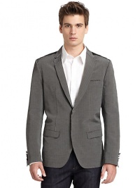 THE LOOKAllover stripe printWelt pocket at chestTwo-button closureLong sleeves with button cuffsFlap pocketsSatin backVented back hemInner welt pocketsTHE FITAbout 27 from shoulder to hemTHE MATERIAL65% cotton/35% rayonSecond fabric: 68% polyamide/32% silkFully linedCARE & ORIGINDry cleanMade in Italy THE LOOKAllover stripe printWelt pocket at chestTwo-button closureLong sleeves with button cuffsFlap pocketsSatin backVented back hemInner welt pocketsTHE FITAbout 27 from shoulder to hemTHE MATERIAL65% cotton/35% rayonSecond fabric: 68% polyamide/32% silkFully linedCARE & ORIGINDry cleanMade in Italy
