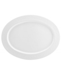 As durable as it is elegant, Mikasa's Countryside Scroll oval platter features chip-resistant bone china embossed with delicate scrolling vines and fluted detail. A pure white glaze makes it suitable for every day, any occasion. As durable as it is elegant, Mikasa's Countryside Scroll oval platter features chip-resistant bone china embossed with delicate scrolling vines and fluted detail. A pure white glaze makes it suitable for every day, any occasion.