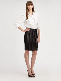 Transition smoothly from work hours to after hours in this lovely lace pencil skirt, finished with a hidden side zipper and dainty leather waistband. Dainty leather waistbandHidden zipperAbout 22 long80% cotton/20% lyocellDry cleanImportedModel shown is 5'10 (177cm) wearing US size 2. Transition smoothly from work hours to after hours in this lovely lace pencil skirt, finished with a hidden side zipper and dainty leather waistband. Dainty leather waistbandHidden zipperAbout 22 long80% cotton/20% lyocellDry cleanImportedModel shown is 5'10 (177cm) wearing US size 2.