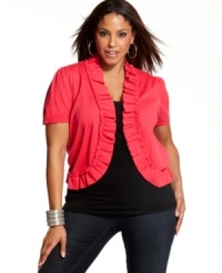 Layer your sleeveless styles with INC's short sleeve plus size cardigan, elegantly accented by pleated ruffles. Layer your sleeveless styles with INC's short sleeve plus size cardigan, elegantly accented by pleated ruffles.