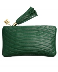 Keep your cool with a gorgeous quilted design from BCBGMAXAZRIA. This night-out clutch features a unique quilted exterior with shiny goldtone hardware and fun-loving tassel and charm accents.