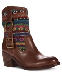 Ethnic fabric on the upper of Lucky Brand's Boxer booties provides the perfect complement to the smooth, shiny leather and metal ring and buckle detailing. Ethnic fabric on the upper of Lucky Brand's Boxer booties provides the perfect complement to the smooth, shiny leather and metal ring and buckle detailing.