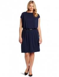 DKNYC Women's Plus-Size Matte Jersey Flutter Sleeve Dress with Faux Leather Belt