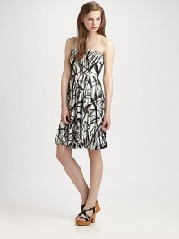 An eye-popping crosshatch print gives the right graphic punch to this fit-and-flare strapless style.Top-fit bodiceSet-in waistGathered skirtPull-on styleAbout 28 from natural waist92% modal/8% spandexDry cleanMade in USAModel shown is 5'9½ (175cm) wearing US size Small. An eye-popping crosshatch print gives the right graphic punch to this fit-and-flare strapless style.Top-fit bodiceSet-in waistGathered skirtPull-on styleAbout 28 from natural waist92% modal/8% spandexDry cleanMade in USAModel shown is 5'9½ (175cm) wearing US size Small.