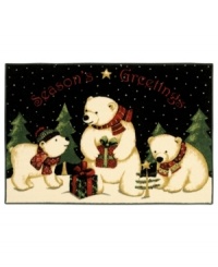 Seasons greetings! Beautifully rendered in a snowy holiday scene, these polar bears from Shaw are designed to warm your heart this season. Constructed of recyclable nylon, the rug adds a wonderful look to your decor without the extra impact on mother nature. Seasons greetings! Beautifully rendered in a snowy holiday scene, these polar bears from Shaw are designed to warm your heart this season. Constructed of recyclable nylon, the rug adds a wonderful look to your decor without the extra impact on mother nature.