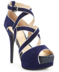 All dressed up and ready to go. The metallic lining along the strappy suede upper of GUESS's Gavrila platform dress sandals adds a hint of shine and loads of sophistication. All dressed up and ready to go. The metallic lining along the strappy suede upper of GUESS's Gavrila platform dress sandals adds a hint of shine and loads of sophistication.