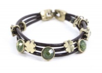 Lucky Brand Green Stone Clover Three Strand Leather Bracelet