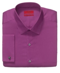 Freshen up your wardrobe of white and blue dress shirts with this Alfani fitted style in a saturated hue. Freshen up your wardrobe of white and blue dress shirts with this Alfani fitted style in a saturated hue.