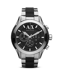 This gleaming silver and black watch from Armani Exchange is a solid piece of fashion hardware. Crafted of stainless steel, it features chronograph movement for an uptick in stylish practicality. This gleaming silver and black watch from Armani Exchange is a solid piece of fashion hardware. Crafted of stainless steel, it features chronograph movement for an uptick in stylish practicality.