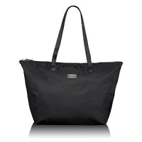 You'll take this bag everywhere-to the market, on shopping excursions and as an extra bag when you travel. (Use the back sleeve to slip it over extended luggage handles at the airport.) Chic and functional in black nylon, it folds up neatly into its own pouch with wristlet so it is easy to carry with you or throw into another bag.