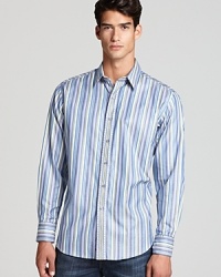 Another dramatic design from Robert Graham foregrounds color and contrast patterns, creating a veritable feast for the eyes with allover stripes supplemented by vivid paisley at the interior cuff and additional stitch accents on the outer placket. Another dramatic design from Robert Graham foregrounds color and contrast patterns, creating a veritable feast for the eyes with allover stripes supplemented by vivid paisley at the interior cuff and additional stitch accents on the outer placket.