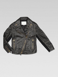 Black washed vintage biker jacket with notch lapel, asymmetrical front zip closure, zip pockets and micro GG lining.Notched lapelLong sleeves with zip cuffs and quilted elbowsAsymmetrical front zipVertical zip pocketsSide knit detailFully linedLeatherDry cleanMade in Italy Black washed vintage biker jacket with notch lapel, asymmetrical front zip closure, zip pockets and micro GG lining.Notched lapelLong sleeves with zip cuffs and quilted elbowsAsymmetrical front zipVertical zip pocketsSide knit detailFully linedLeatherDry cleanMade in Italy
