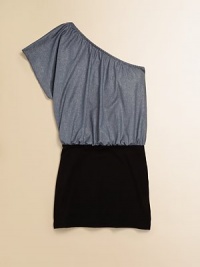 The cold shoulder becomes a bold one when your mini-me rocks this sparkly, asymmetrical, colorblocked frock.One-shoulder necklineShort sleevePullover styleElastic waistband90% polyester/10% spandexHand wash coldImported The cold shoulder becomes a bold one when your mini-me rocks this sparkly, asymmetrical, colorblocked frock.One-shoulder necklineShort sleevePullover styleElastic waistband90% polyester/10% spandexHand wash coldImported