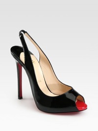 Patent leather peep toe silhouette with a towering heel and elasticized slingback strap. Self-covered heel, 4¾ (120mm)Covered platform, ½ (15mm)Compares to a 4¼ heel (110mm)Patent leather upperPeep toeElasticized slingback strapLeather liningSignature red leather solePadded insoleMade in Italy Patent leather peep toe silhouette with a towering heel and elasticized slingback strap. Self-covered heel, 4¾ (120mm)Covered platform, ½ (15mm)Compares to a 4¼ heel (110mm)Patent leather upperPeep toeElasticized slingback strapLeather liningSignature red leather solePadded insoleMade in Italy