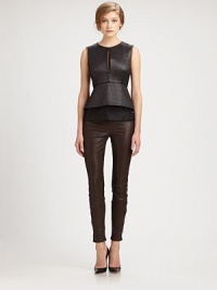 Polished jacquard top styled with a front keyhole detail and kicky peplum hem, finished with frayed edges. JewelneckFront keyhole detailSleeveless with frayed edgesPeplum hemExposed back zipper; split back hem69% wool/23% polyester/8% metallic fibersDry cleanImportedModel shown is 5'10 (177cm) wearing US size 4. Polished jacquard top styled with a front keyhole detail and kicky peplum hem, finished with frayed edges. JewelneckFront keyhole detailSleeveless with frayed edgesPeplum hemExposed back zipper; split back hem69% wool/23% polyester/8% metallic fibersDry cleanImportedModel shown is 5'10 (177cm) wearing US size 4.