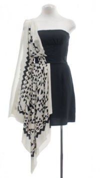 BCBGMAXAZRIA Dress, One Shoulder Printed Fabric Overlay Black 0