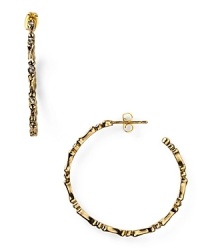 Seriously edgy. This pair of plated metal hoop earrings from House of Harlow exudes Gothic glamor with killer, bone-inspired detailing and black crystal accents. Seriously edgy. This pair of plated metal hoop earrings from House of Harlow exudes Gothic glamor with killer, bone-inspired detailing and black crystal accents.