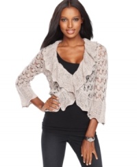INC offers a more feminine take on the classic cardigan. This version features delicate metallic-flecked pointelle knit and soft ruffles too. (Clearance) INC offers a more feminine take on the classic cardigan. This version features delicate metallic-flecked pointelle knit and soft ruffles too. (Clearance)