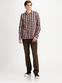 Signature slim-straight fit, garment-dyed and slightly treated to create the look of a well-worn favorite.Five-pocket styleInseam, about 34CottonMachine washMade in USA Signature slim-straight fit, garment-dyed and slightly treated to create the look of a well-worn favorite.Five-pocket styleInseam, about 34CottonMachine washMade in USA