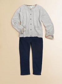 A charming sweater, soft and luxurious, in a blend of cashmere and cotton with check trim.CrewneckLong sleevesButton-frontRibbed cuffs and hem50% cotton/50% cashmereDry cleanImported Please note: Number of buttons may vary depending on size ordered. A charming sweater, soft and luxurious, in a blend of cashmere and cotton with check trim.CrewneckLong sleevesButton-frontRibbed cuffs and hem50% cotton/50% cashmereDry cleanImported Please note: Number of buttons may vary depending on size ordered.
