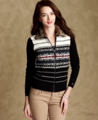 Timeless Fair Isle knit updates a classic zip-front cardigan from Tommy Hilfiger. A faux-fur collar lends a luxe finishing touch. Timeless Fair Isle knit updates a classic zip-front cardigan from Tommy Hilfiger. A faux-fur collar lends a luxe finishing touch.