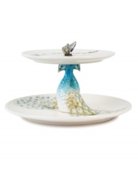 A symbol of eternal life and beauty, the peacock serves as the inspiration for this fanciful 2-tiered server. Richly detailed with subdued watercolors, it's a stunning stand-alone piece and beautiful complement to Edie Rose by Rachel Bilson dinnerware and serveware. A symbol of eternal life and beauty, the peacock serves as the inspiration for this fanciful 2-tiered server. Richly detailed with subdued watercolors, it's a stunning stand-alone piece and beautiful complement to Edie Rose by Rachel Bilson dinnerware and serveware.
