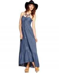 A back cutout adds eye-catching appeal to this laid-back Free People chambray maxi dress -- perfect for simple spring style! A back cutout adds eye-catching appeal to this laid-back Free People chambray maxi dress -- perfect for simple spring style!