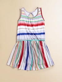A sunny, striped style that looks like a dress but has attached shorts underneath.SleevelessElasticized waistFlirty skirtBack keyholeRayonHand washMade in USA A sunny, striped style that looks like a dress but has attached shorts underneath.SleevelessElasticized waistFlirty skirtBack keyholeRayonHand washMade in USA
