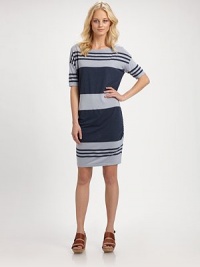 Boldly striped boatneck has dropped shoulders, side ruching and a short, flirty silhouette. BoatneckDropped shouldersThree-quarter sleevesSide ruchingAbout 27 from high waist58% polyester/21% modal/21% supima cottonHand washMade in USAModel shown is 5'9½ (176cm) wearing US size Small. Boldly striped boatneck has dropped shoulders, side ruching and a short, flirty silhouette. BoatneckDropped shouldersThree-quarter sleevesSide ruchingAbout 27 from high waist58% polyester/21% modal/21% supima cottonHand washMade in USAModel shown is 5'9½ (176cm) wearing US size Small.