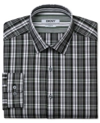 Keep your classic style in check with this fitted plaid shirt from DKNY. Keep your classic style in check with this fitted plaid shirt from DKNY.