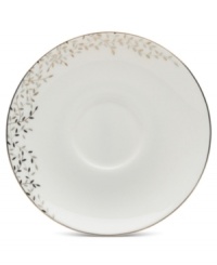 Fringed with shimmering leaves of platinum and mica, this bone china tea saucer turns your table into a springtime utopia. Its sleek coupe shape is a vision of modern elegance in platinum-banded white. Fringed with shimmering leaves of platinum and mica, this bone china tea saucer turns your table into a springtime utopia. Its sleek coupe shape is a vision of modern elegance in platinum-banded white.