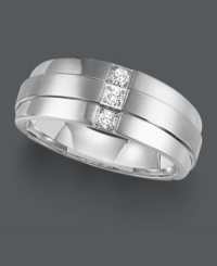 Sophistication and a hint of shine. This Triton men's ring features a three stone diamond design (1/6 ct. t.w.) crafted in stainless steel. Sizes 8-15. Sophistication and a hint of shine. This Triton men's ring features a three stone diamond design (1/6 ct. t.w.) crafted in stainless steel. Sizes 8-15.