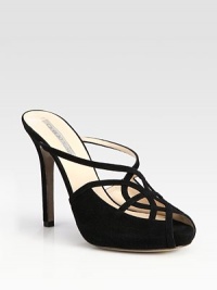 Elegant suede slide with a skinny heel, leather lining and dainty straps. Self-covered heel, 4 (100mm)Suede upperLeather lining and solePadded insoleMade in ItalyOUR FIT MODEL RECOMMENDS ordering one size up as this style runs small. Elegant suede slide with a skinny heel, leather lining and dainty straps. Self-covered heel, 4 (100mm)Suede upperLeather lining and solePadded insoleMade in ItalyOUR FIT MODEL RECOMMENDS ordering one size up as this style runs small.