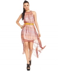 An asymmetrical hi-lo hem ups the edge on this printed chiffon Bar III maxi dress -- a hot pick for a stylish soiree look!