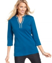 Add a worldly touch to your everyday look with Karen Scott's studded tunic. The longer length makes it so flattering, too! Add a worldly touch to your everyday look with Karen Scott's studded tunic. The longer length makes it so flattering, too!