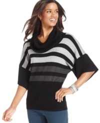Be cozy and comfortable in this striped cowl-neck sweater from Cable & Gauge. Be cozy and comfortable in this striped cowl-neck sweater from Cable & Gauge.