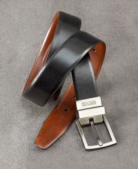 A double-faced belt with head-turning style. Aniline-dyed genuine bridle-leather strap has a deep, rich color and subtle sheen. Rotating metal buckle has a satin finish and engraved logo. Buckle rotates to reverse the belt from black to brown so it can be worn in a variety of settings. A double-faced belt with head-turning style. Aniline-dyed genuine bridle-leather strap has a deep, rich color and subtle sheen. Rotating metal buckle has a satin finish and engraved logo. Buckle rotates to reverse the belt from black to brown so it can be worn in a variety of settings.