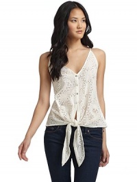 THE LOOKSheer floral eyelet designV-neckSleevelessFront button closureTie hemRacerbackTHE FITAbout 22 from shoulder to hemTHE MATERIAL50% cotton/50% viscoseCARE & ORIGINDry cleanImportedModel shown is 5'10 (177cm) wearing US size Small. THE LOOKSheer floral eyelet designV-neckSleevelessFront button closureTie hemRacerbackTHE FITAbout 22 from shoulder to hemTHE MATERIAL50% cotton/50% viscoseCARE & ORIGINDry cleanImportedModel shown is 5'10 (177cm) wearing US size Small.