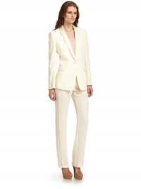 THE LOOKWoven satin stripe along sidesPadded shouldersSatin lapelWelt pocket at chestButton closureDual flap pocketsTHE FITAbout 27 from shoulder to hemTHE MATERIALPolyesterSecond fabric: 79% silk/21% cottonCARE & ORIGINDry cleanMade in ItalyModel shown is 5'9½ (176cm) wearing US size 4. THE LOOKWoven satin stripe along sidesPadded shouldersSatin lapelWelt pocket at chestButton closureDual flap pocketsTHE FITAbout 27 from shoulder to hemTHE MATERIALPolyesterSecond fabric: 79% silk/21% cottonCARE & ORIGINDry cleanMade in ItalyModel shown is 5'9½ (176cm) wearing US size 4.