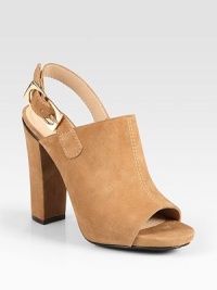 Modern suede mule sandal has a peep toe, substantial heel and an adjustable slingback strap. Self-covered heel, 4 (100mm)Covered platform, ½ (15mm)Compares to a 3½ heel (90mm)Suede upperLeather lining and solePadded insoleImportedOUR FIT MODEL RECOMMENDS ordering true size. Modern suede mule sandal has a peep toe, substantial heel and an adjustable slingback strap. Self-covered heel, 4 (100mm)Covered platform, ½ (15mm)Compares to a 3½ heel (90mm)Suede upperLeather lining and solePadded insoleImportedOUR FIT MODEL RECOMMENDS ordering true size.