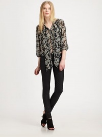 A beautiful abstract pattern on sumptuous semi-sheer pure silk for an utterly feminine design. Button front closure with long self tiesDropped shouldersThree-quarter length sleeves with elastic cuffsAbout 21 from shoulder to hemSilkDry cleanImportedModel shown is 5'10 (177cm) wearing US size Small. A beautiful abstract pattern on sumptuous semi-sheer pure silk for an utterly feminine design. Button front closure with long self tiesDropped shouldersThree-quarter length sleeves with elastic cuffsAbout 21 from shoulder to hemSilkDry cleanImportedModel shown is 5'10 (177cm) wearing US size Small.