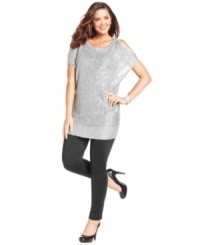 Show off your shimmer in DKNYC's plus size tunic sweater, featuring a cold shoulder design and sequined finish-- it's holiday party-perfect! Show off your shimmer in DKNYC's plus size tunic sweater, featuring a cold shoulder design and sequined finish-- it's holiday party-perfect!