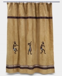 Revered by Native Americans, Kokopelli gives your bathroom an authentically Southwestern vibe. The dancing deity sways and steps across this sand-colored shower curtain. With an ultra-soft, faux suede texture. Revered by Native Americans, Kokopelli gives your bathroom an authentically Southwestern vibe. The dancing deity sways and steps across this sand-colored shower curtain. With an ultra-soft, faux suede texture.