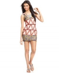 Contrasting geometric & lace print add modern edge to this body-con Bar III dress -- perfect for a sultry summer night out! Contrasting geometric & lace print add modern edge to this body-con Bar III dress -- perfect for a sultry summer night out!