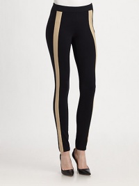 Keep it comfy in these urban-cool leggings with contrasting leather trim and an elastic waistband. Elastic waistbandMedium rise, about 8Inseam, about 30Body: 86% nylon/14% spandexTrim: LeatherDry clean with leather specialistMade in USA of imported fabricModel shown is 5'10 (177cm) wearing US size Small.